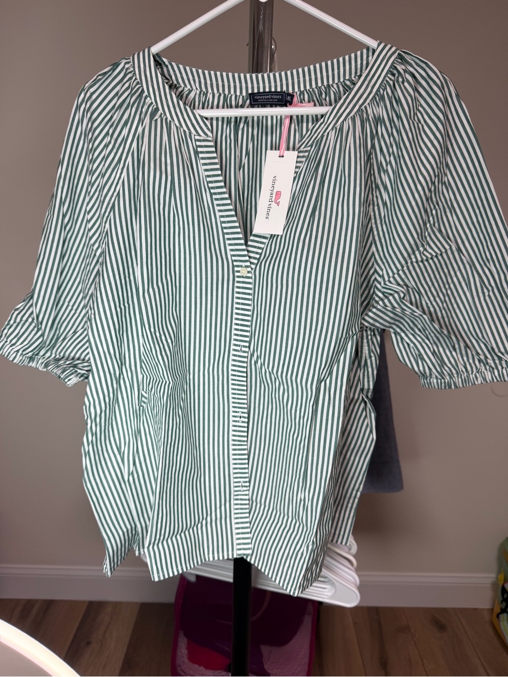 Vineyard Vines Green and White Striped Button-Front Blouse